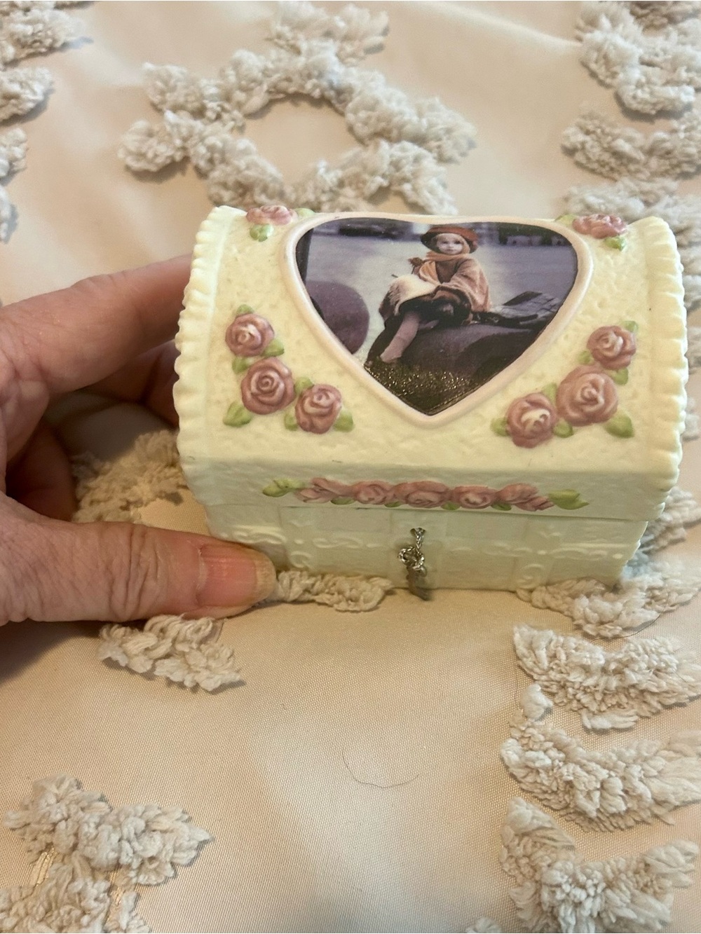 Kim Anderson Heart-Top Porcelain Jewelry Box with Pink Rose Accents